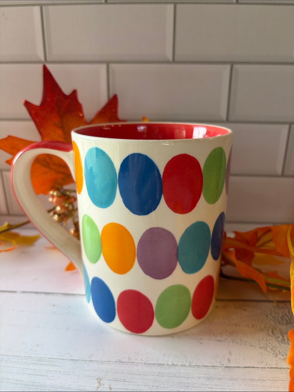 Multicolor Polka Dot Ceramic Mug with Red Interior